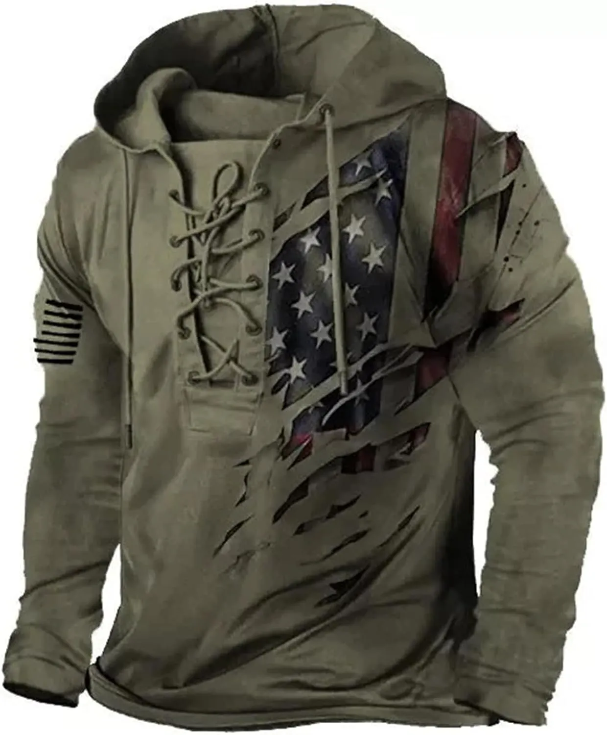 Men's American Flag Graphic Hoodies Outdoor Military Tactical Lace Up Hooded Sweatshirts Distressed Retro Pullover