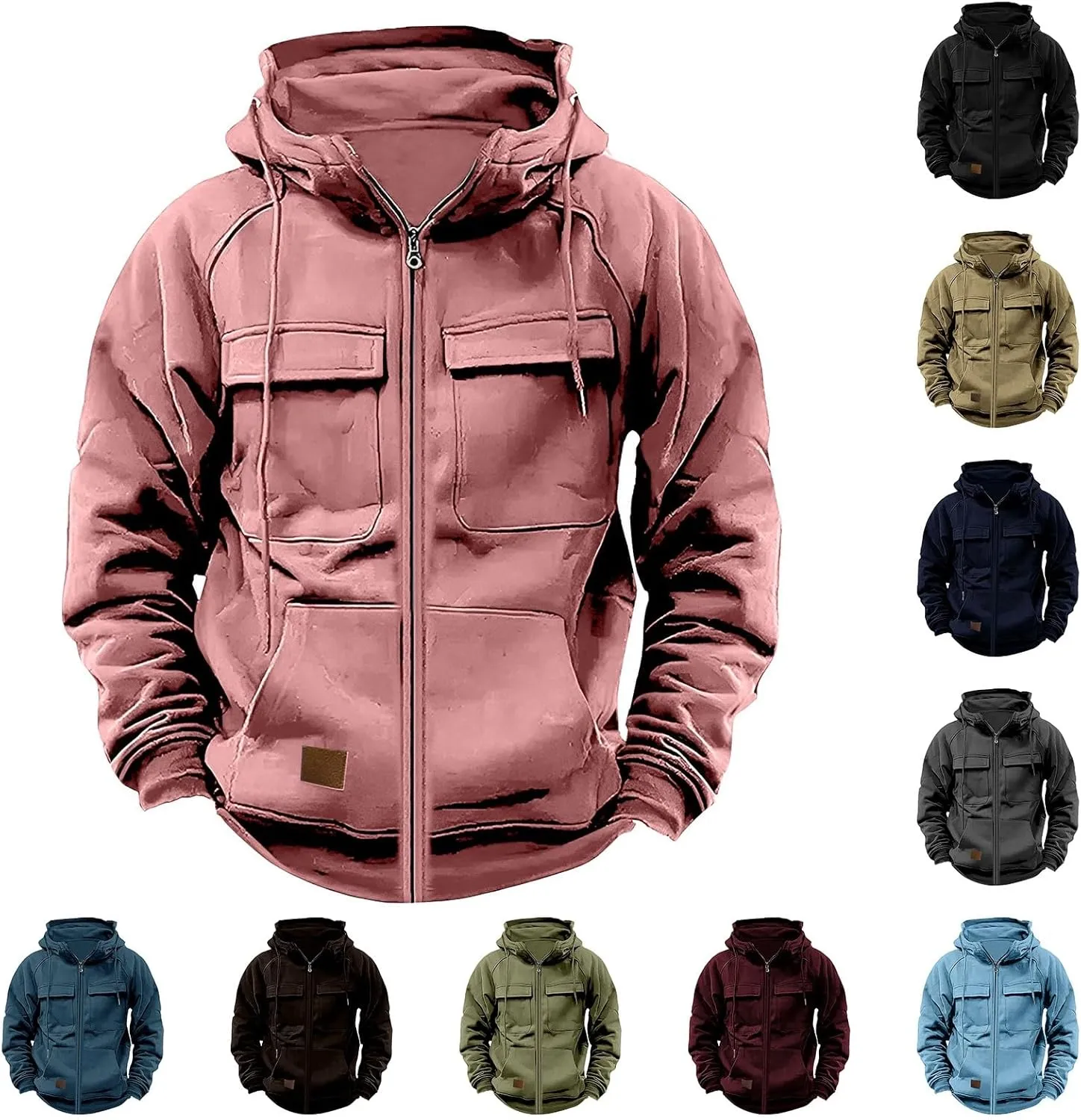 Mens Cargo Hoodies Casual Lightweight Full Zip Drawstring Tactical Hooded Sweatshirts Workout Athletic Jackets Outwear