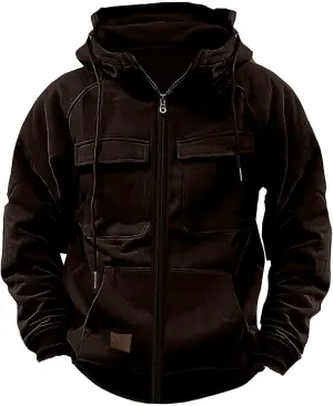 Mens Cargo Hoodies Casual Lightweight Full Zip Drawstring Tactical Hooded Sweatshirts Workout Athletic Jackets Outwear