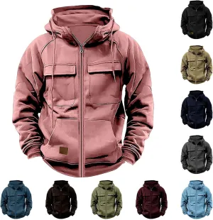Mens Cargo Hoodies Casual Lightweight Full Zip Drawstring Tactical Hooded Sweatshirts Workout Athletic Jackets Outwear