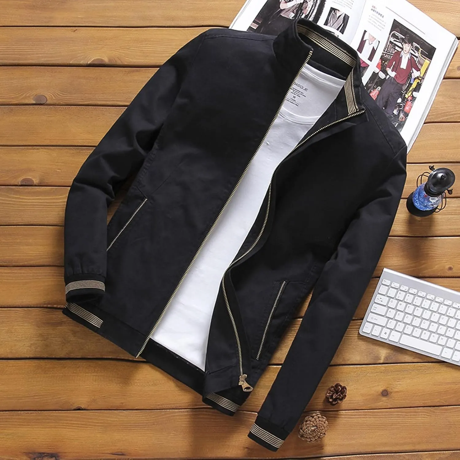 Mens Casual Jackets with Elastic Hem Banded Collar Jackets Big and Tall Bomber Jackets Windproof Jackets for Sports