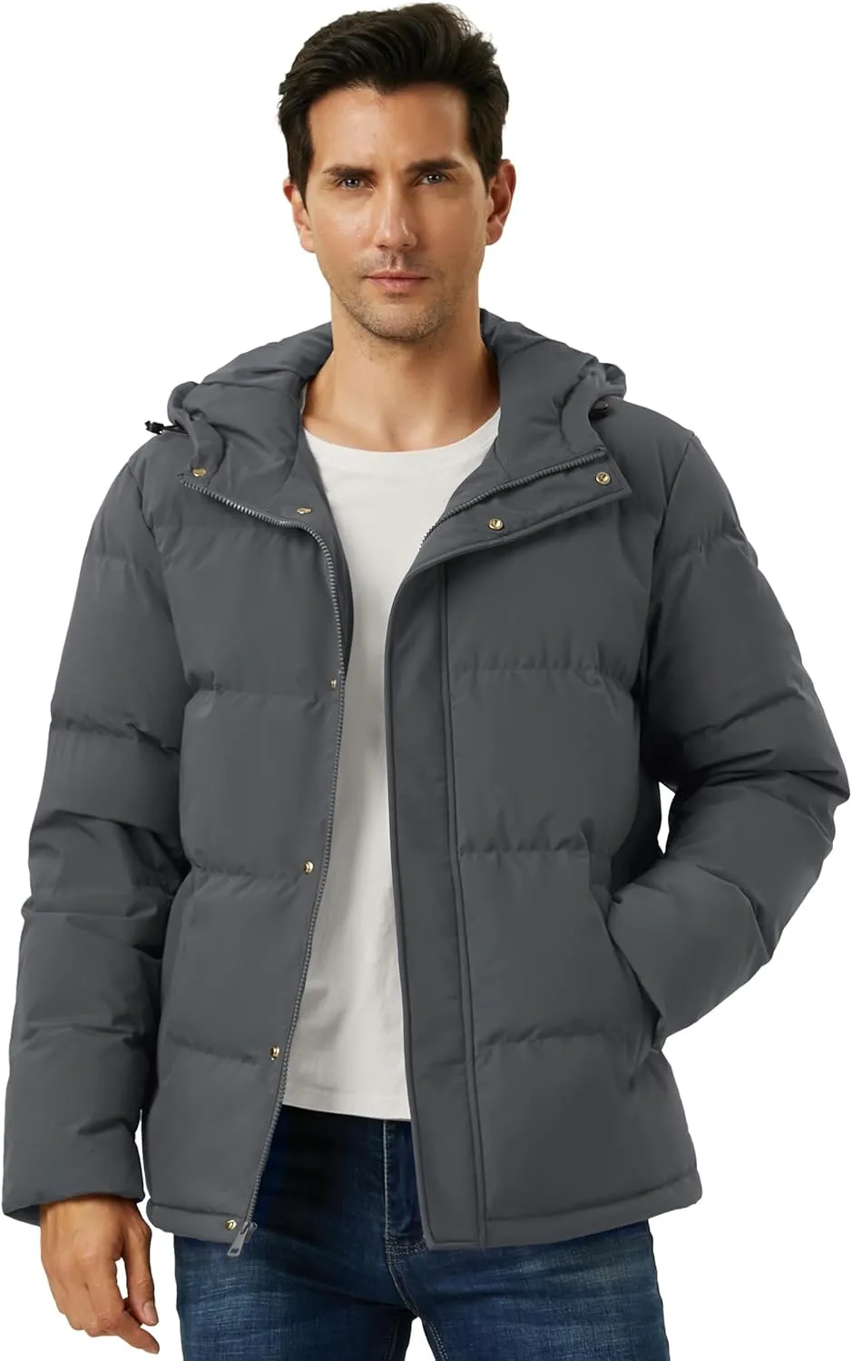 Men's Down Puffer Jacket Hooded Water-Resistant Windproof Jackets Full Zip Winter Thicken Thermal Puffy Coat