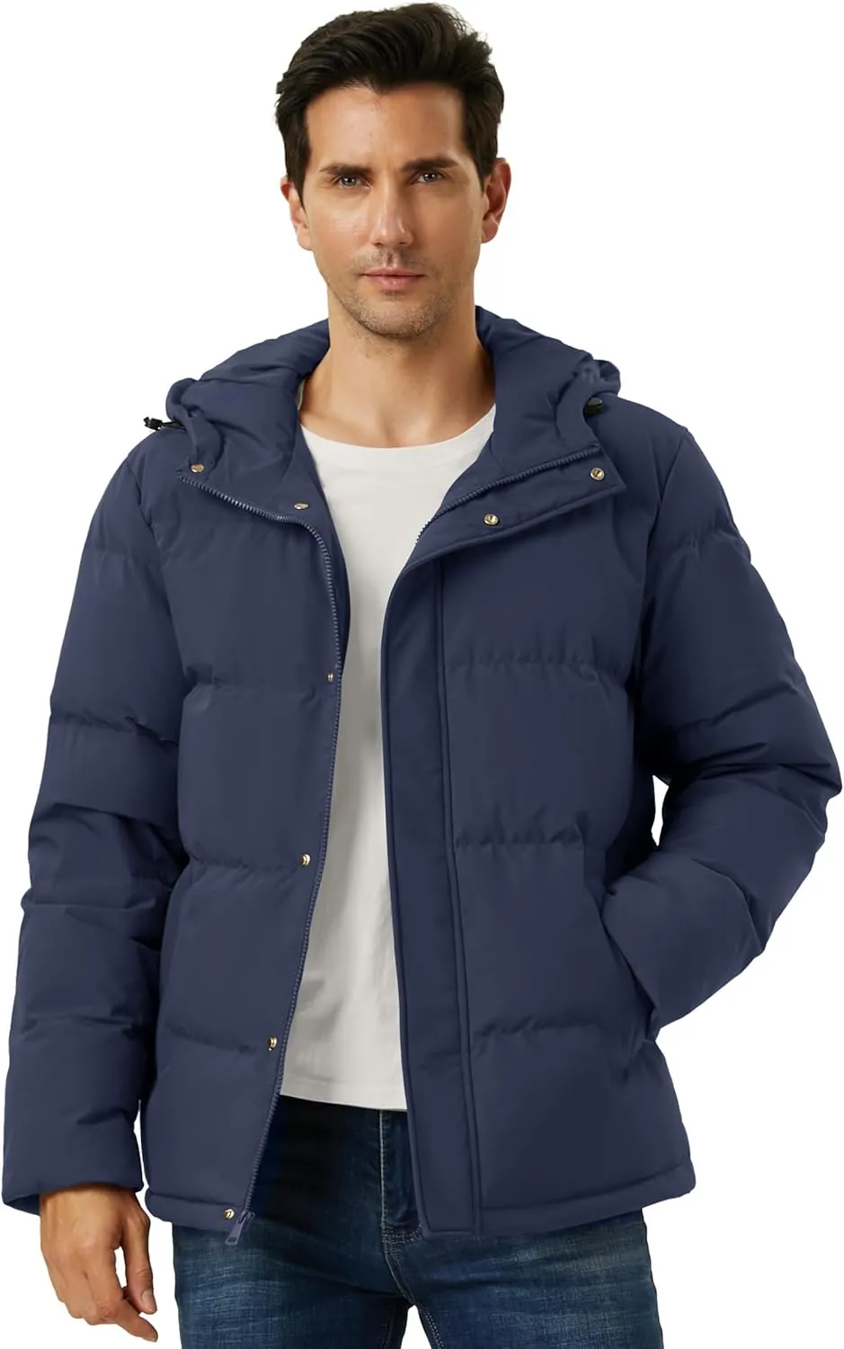 Men's Down Puffer Jacket Hooded Water-Resistant Windproof Jackets Full Zip Winter Thicken Thermal Puffy Coat