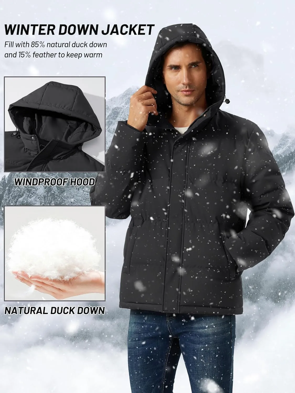 Men's Down Puffer Jacket Hooded Water-Resistant Windproof Jackets Full Zip Winter Thicken Thermal Puffy Coat