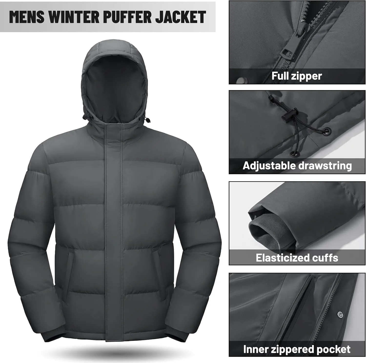 Men's Down Puffer Jacket Hooded Water-Resistant Windproof Jackets Full Zip Winter Thicken Thermal Puffy Coat