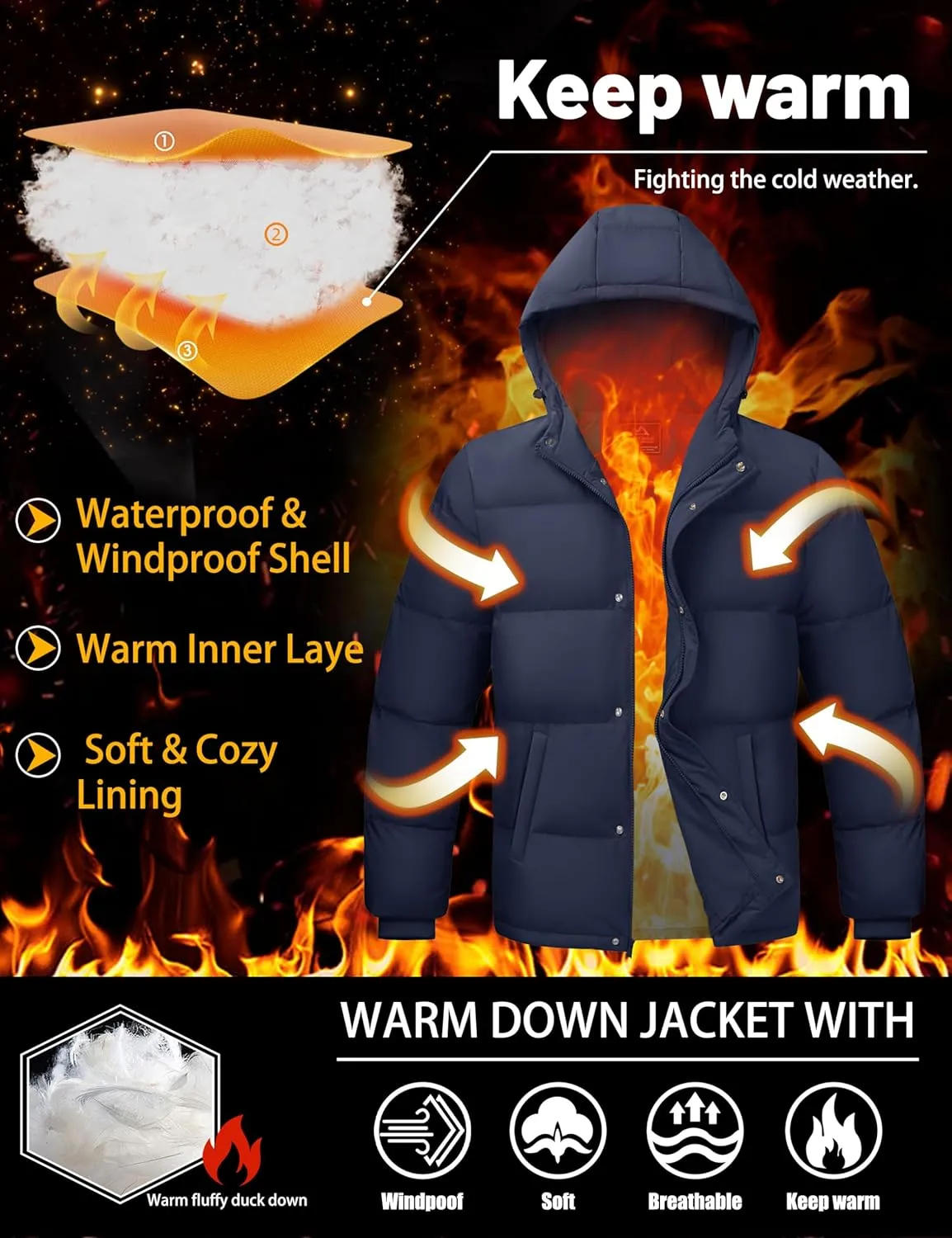 Men's Down Puffer Jacket Hooded Water-Resistant Windproof Jackets Full Zip Winter Thicken Thermal Puffy Coat
