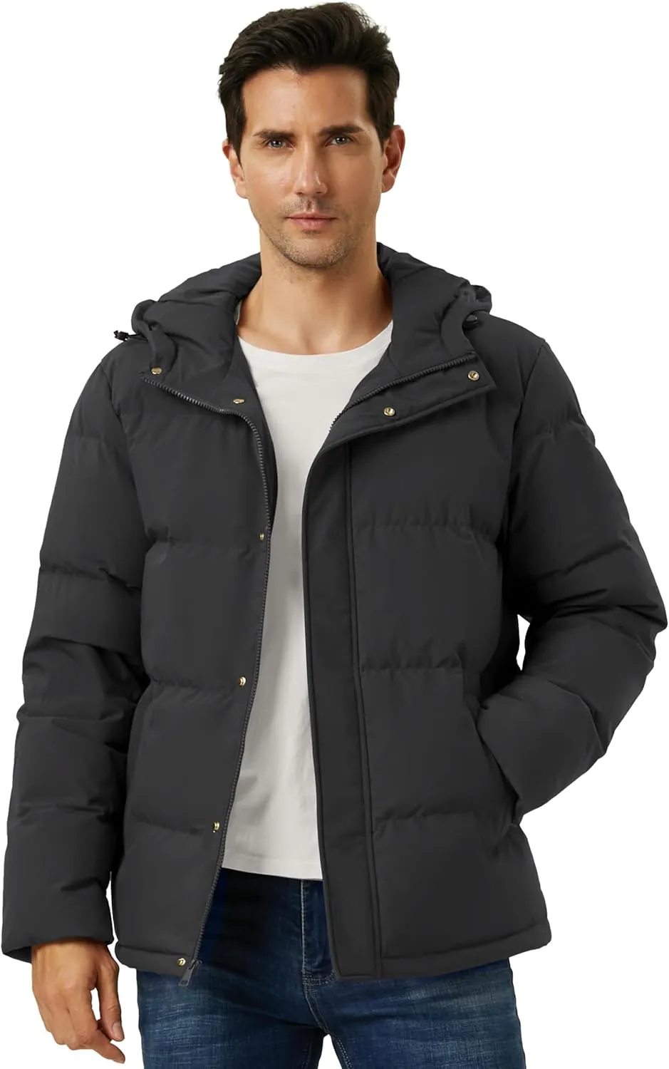 Men's Down Puffer Jacket Hooded Water-Resistant Windproof Jackets Full Zip Winter Thicken Thermal Puffy Coat