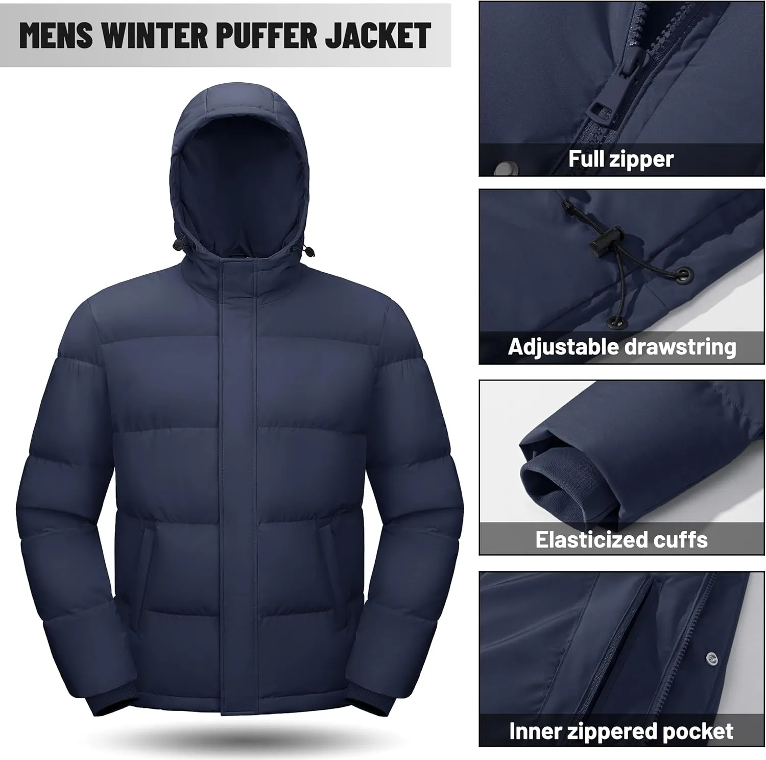 Men's Down Puffer Jacket Hooded Water-Resistant Windproof Jackets Full Zip Winter Thicken Thermal Puffy Coat