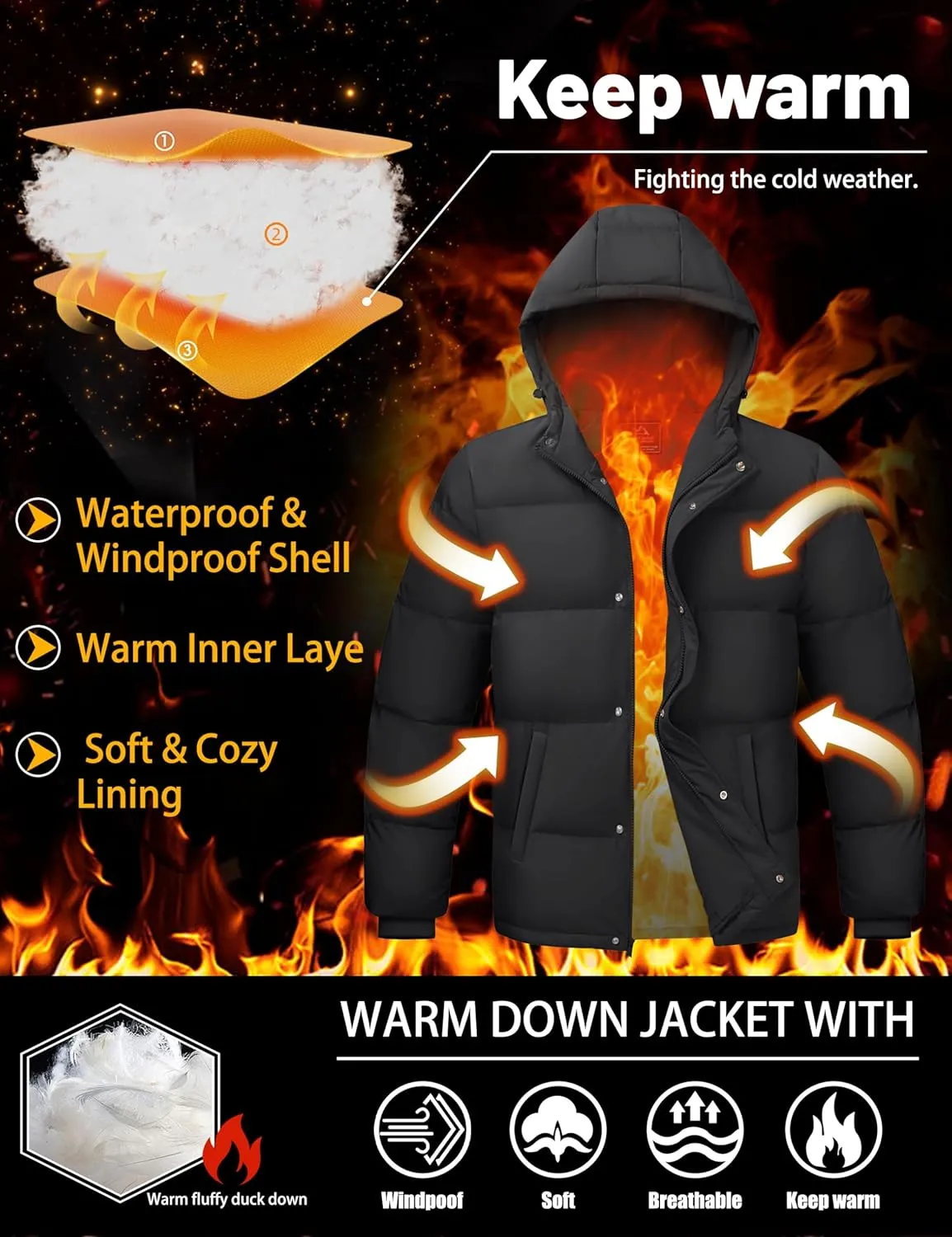Men's Down Puffer Jacket Hooded Water-Resistant Windproof Jackets Full Zip Winter Thicken Thermal Puffy Coat