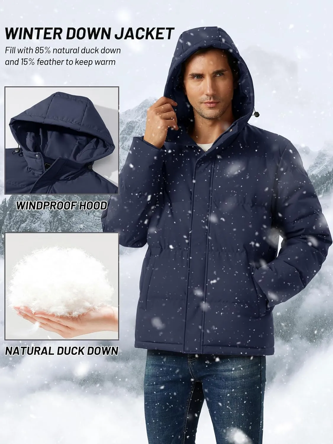 Men's Down Puffer Jacket Hooded Water-Resistant Windproof Jackets Full Zip Winter Thicken Thermal Puffy Coat