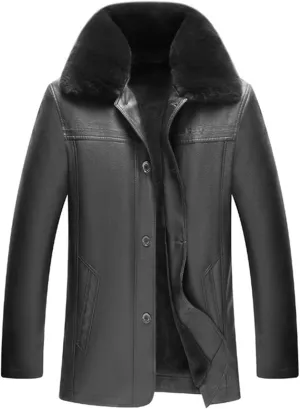 Men's Faux Leather Bomber Jacket with Sherpa Collar Classic Fleece Lined Lightweight Casual Button Windproof Jackets