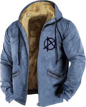 Mens Flag Print Jacket Fuzzy Sherpa Long Sleeve Fleece Zip Up Outdoor Thick Varsity Coat M-7XL