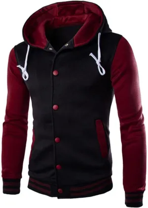 Men's Hooded Varsity Jacket,Slim Button Down Baseball Jacket Outwear Colorblock Casual Sports Drawstring Sweatshirts