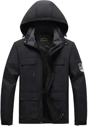 Men's Hooded Windproof Jackets Fall Winter Warm Mountain Windbreaker Soft Shell Hiking Rain Coats Multi Pockets