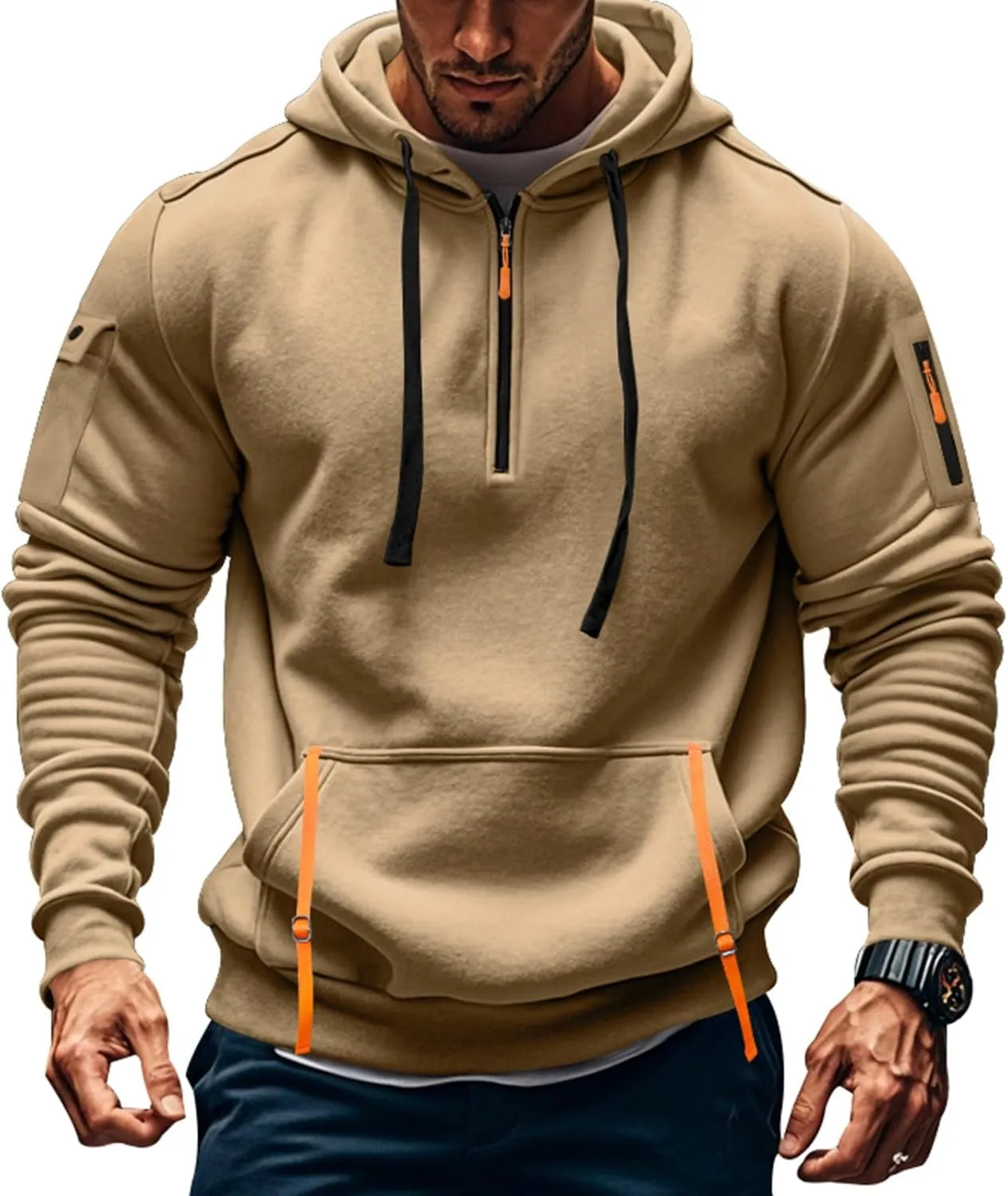 Men's Tactical Hoodies Oversized 1/4 Zip Pullover Sweatshirts with Zipper Arm Pocket Big and Tall Outfits 5XL