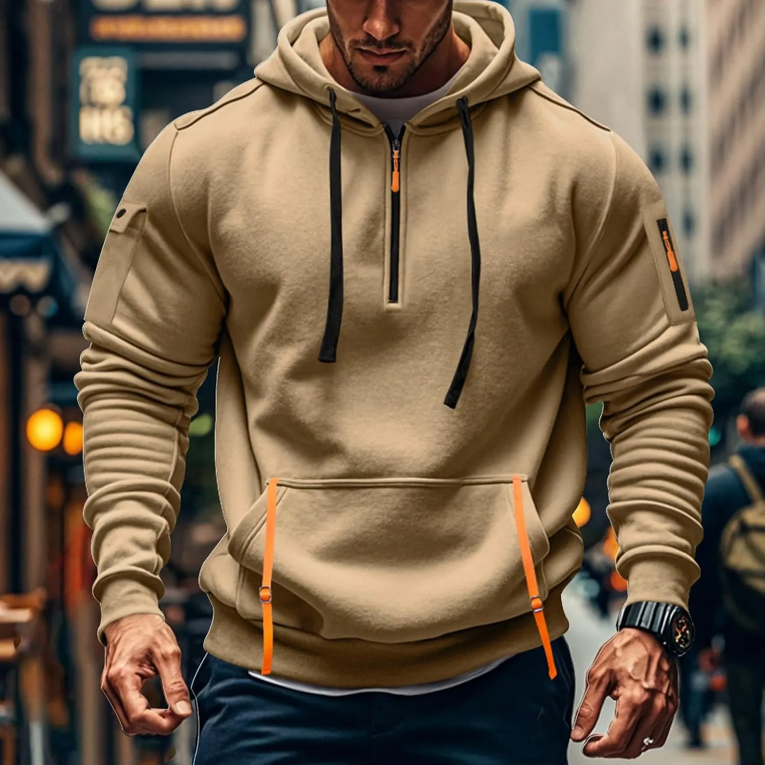 Men's Tactical Hoodies Oversized 1/4 Zip Pullover Sweatshirts with Zipper Arm Pocket Big and Tall Outfits 5XL