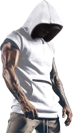 Men's Workout Hooded Tank Tops Sleeveless Gym Hoodies Bodybuilding Muscle Cut Off T Shirt Athletic Tees with Pockets