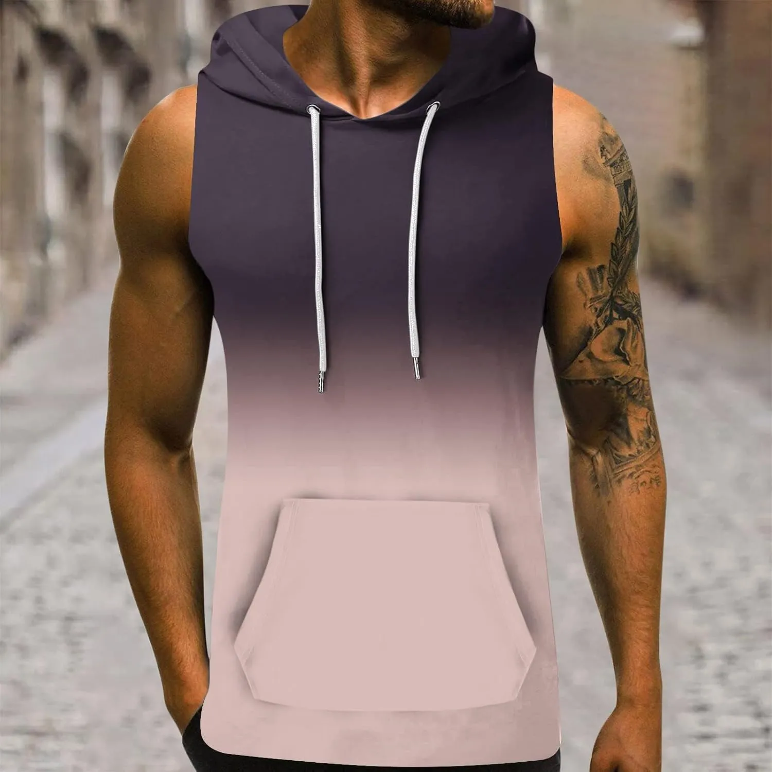 Men's Workout Vest T-Shirt Hooded Tank Tops Sleeveless Gym Hoodies Muscle Shirts Printed T-Shirts with Pocket