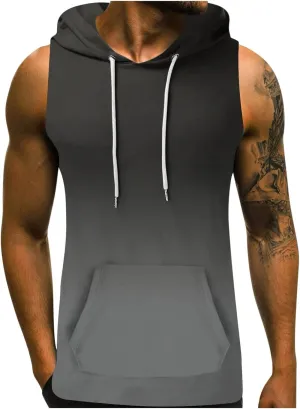 Men's Workout Vest T-Shirt Hooded Tank Tops Sleeveless Gym Hoodies Muscle Shirts Printed T-Shirts with Pocket