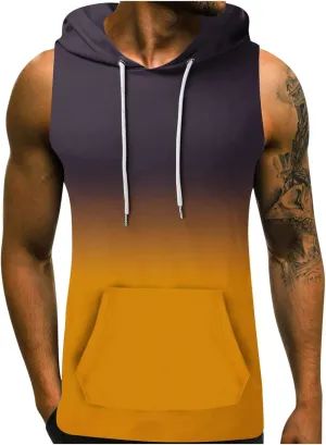 Men's Workout Vest T-Shirt Hooded Tank Tops Sleeveless Gym Hoodies Muscle Shirts Printed T-Shirts with Pocket