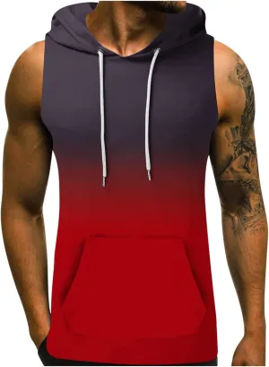 Men's Workout Vest T-Shirt Hooded Tank Tops Sleeveless Gym Hoodies Muscle Shirts Printed T-Shirts with Pocket