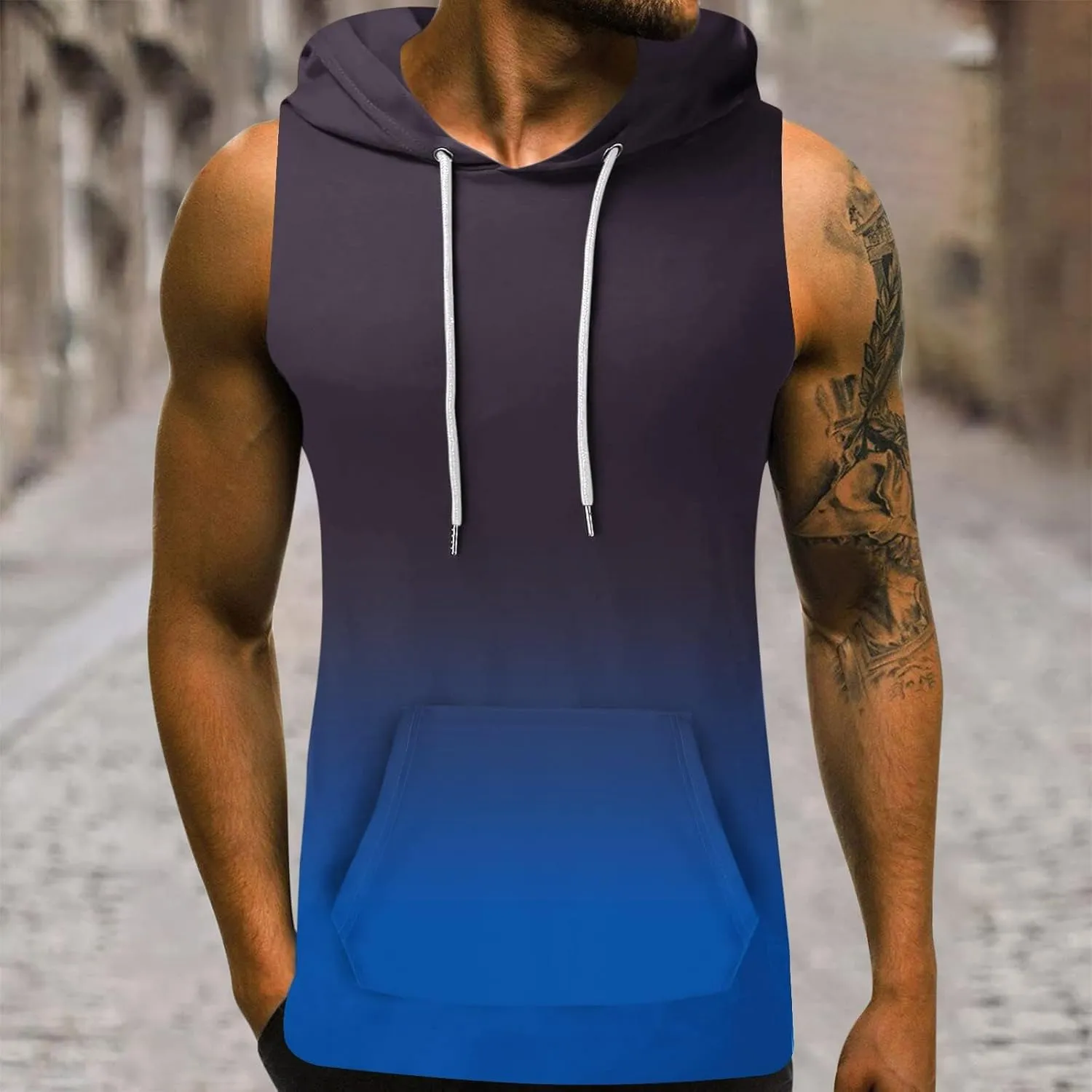Men's Workout Vest T-Shirt Hooded Tank Tops Sleeveless Gym Hoodies Muscle Shirts Printed T-Shirts with Pocket