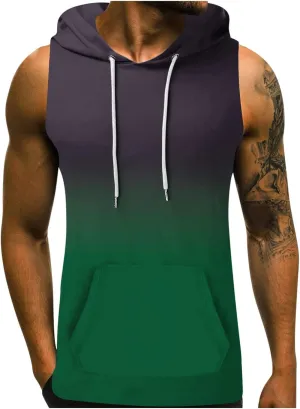 Men's Workout Vest T-Shirt Hooded Tank Tops Sleeveless Gym Hoodies Muscle Shirts Printed T-Shirts with Pocket