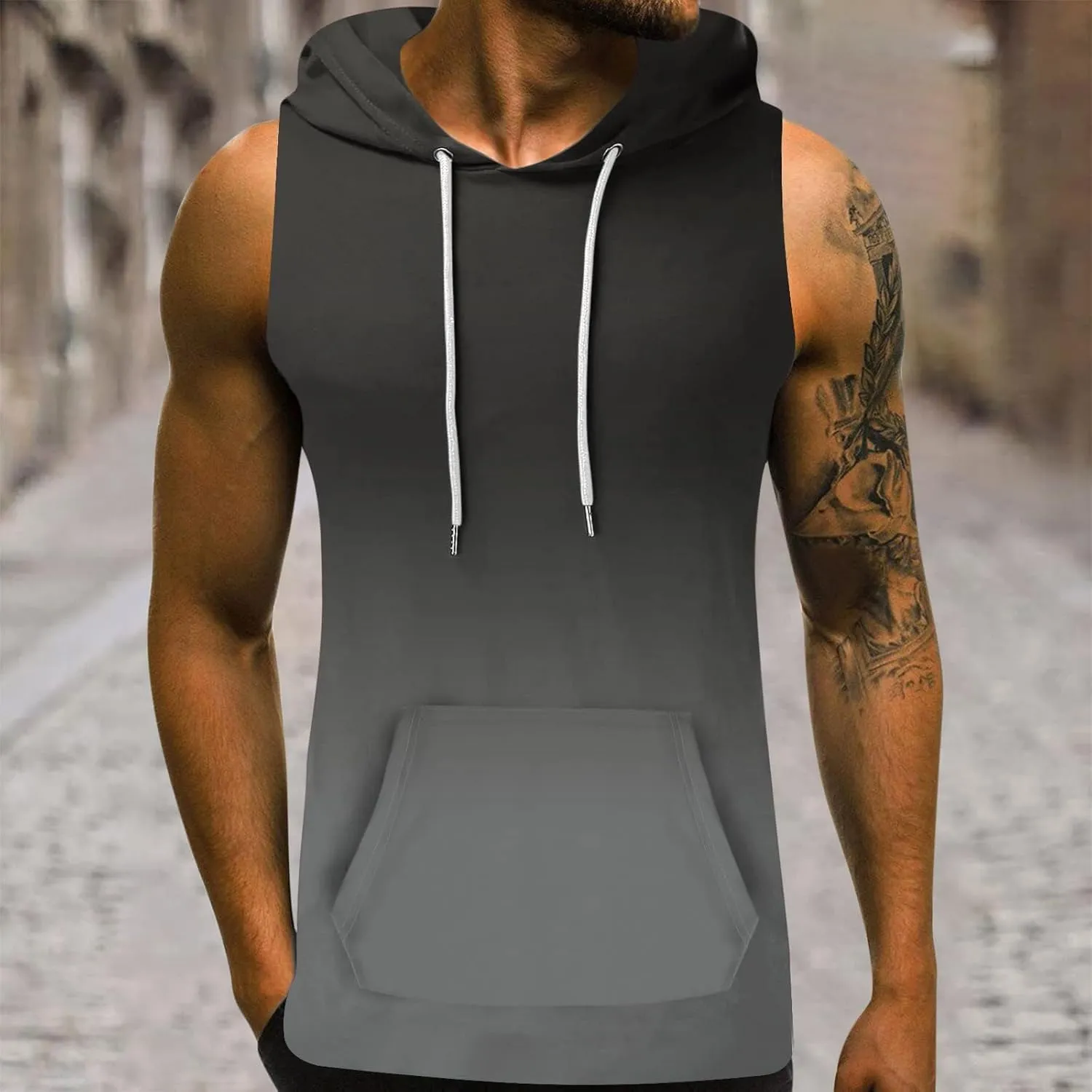 Men's Workout Vest T-Shirt Hooded Tank Tops Sleeveless Gym Hoodies Muscle Shirts Printed T-Shirts with Pocket