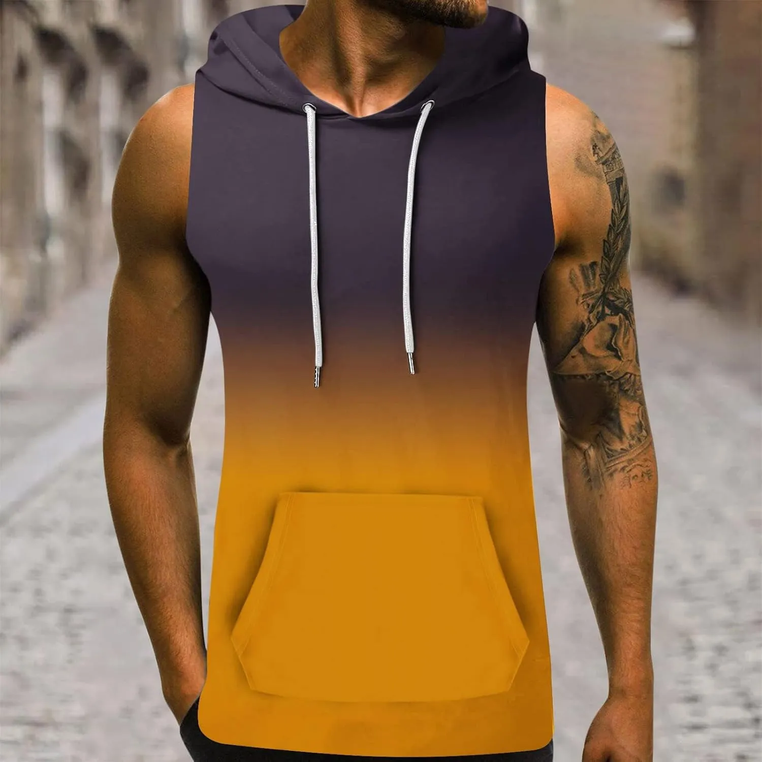 Men's Workout Vest T-Shirt Hooded Tank Tops Sleeveless Gym Hoodies Muscle Shirts Printed T-Shirts with Pocket