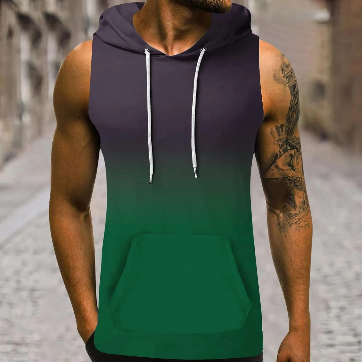 Men's Workout Vest T-Shirt Hooded Tank Tops Sleeveless Gym Hoodies Muscle Shirts Printed T-Shirts with Pocket