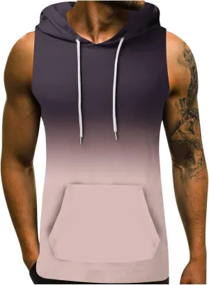 Men's Workout Vest T-Shirt Hooded Tank Tops Sleeveless Gym Hoodies Muscle Shirts Printed T-Shirts with Pocket