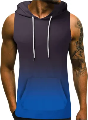 Men's Workout Vest T-Shirt Hooded Tank Tops Sleeveless Gym Hoodies Muscle Shirts Printed T-Shirts with Pocket