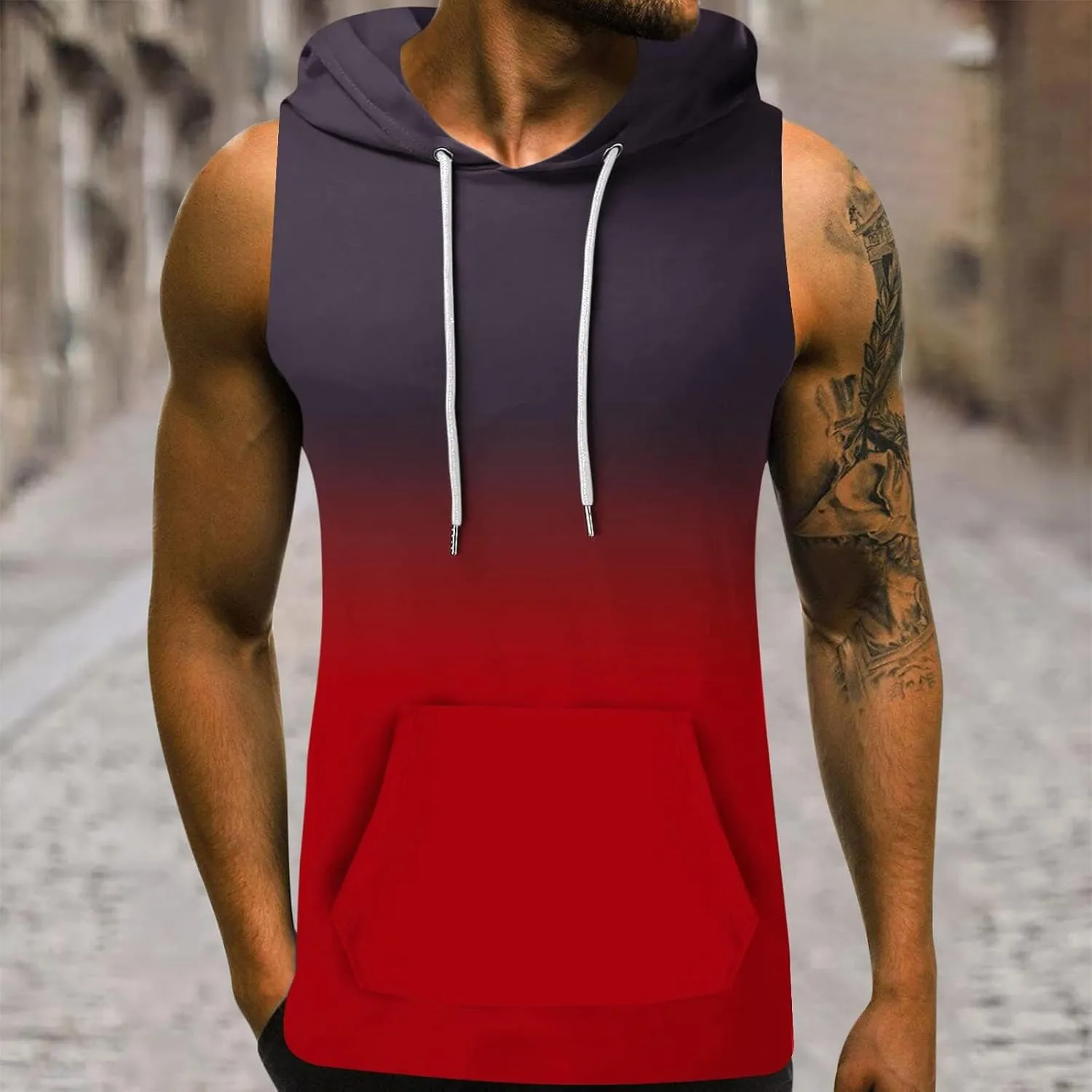 Men's Workout Vest T-Shirt Hooded Tank Tops Sleeveless Gym Hoodies Muscle Shirts Printed T-Shirts with Pocket