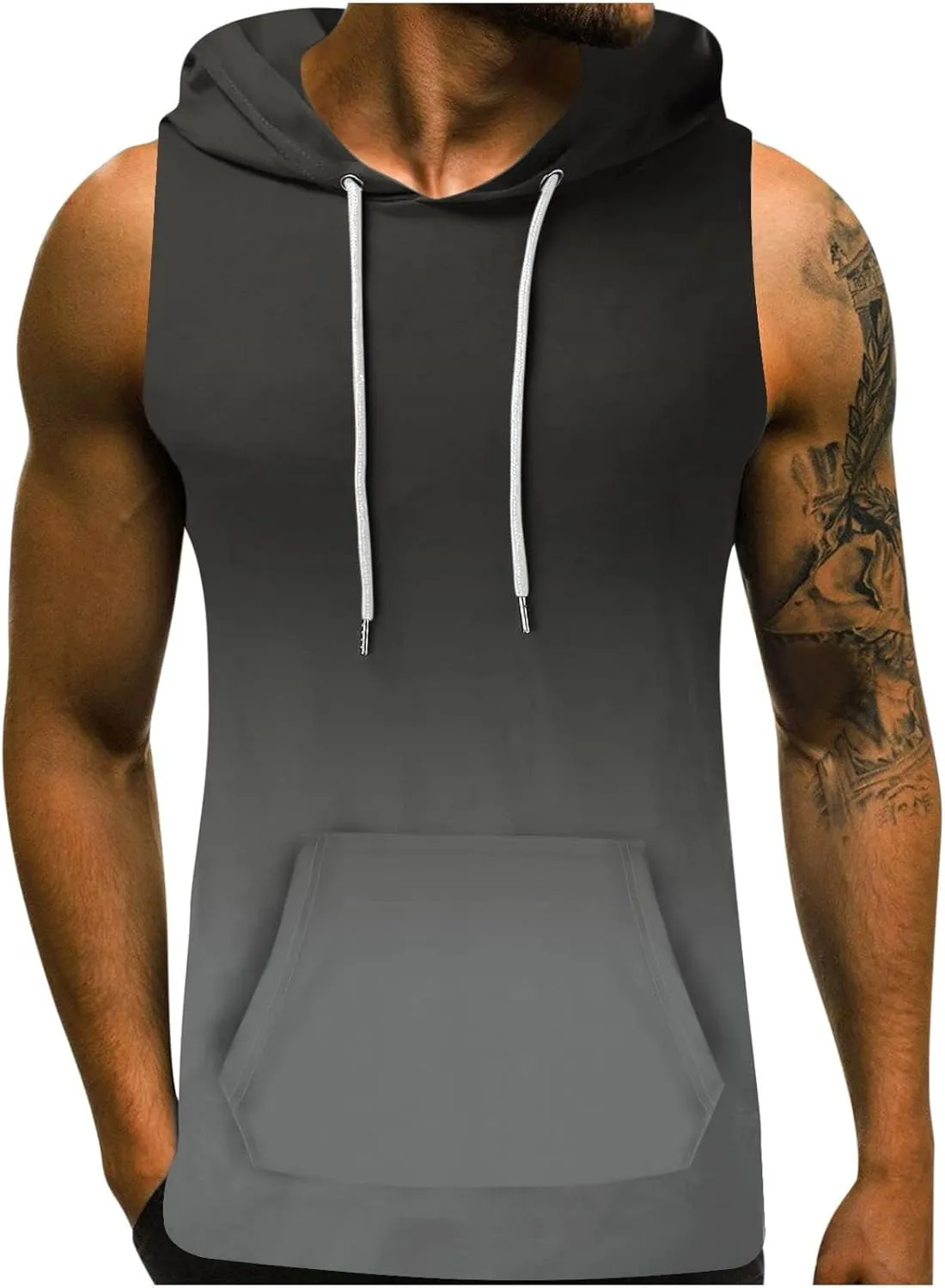 Men's Workout Vest T-Shirt Hooded Tank Tops Sleeveless Gym Hoodies Muscle Shirts Printed T-Shirts with Pocket