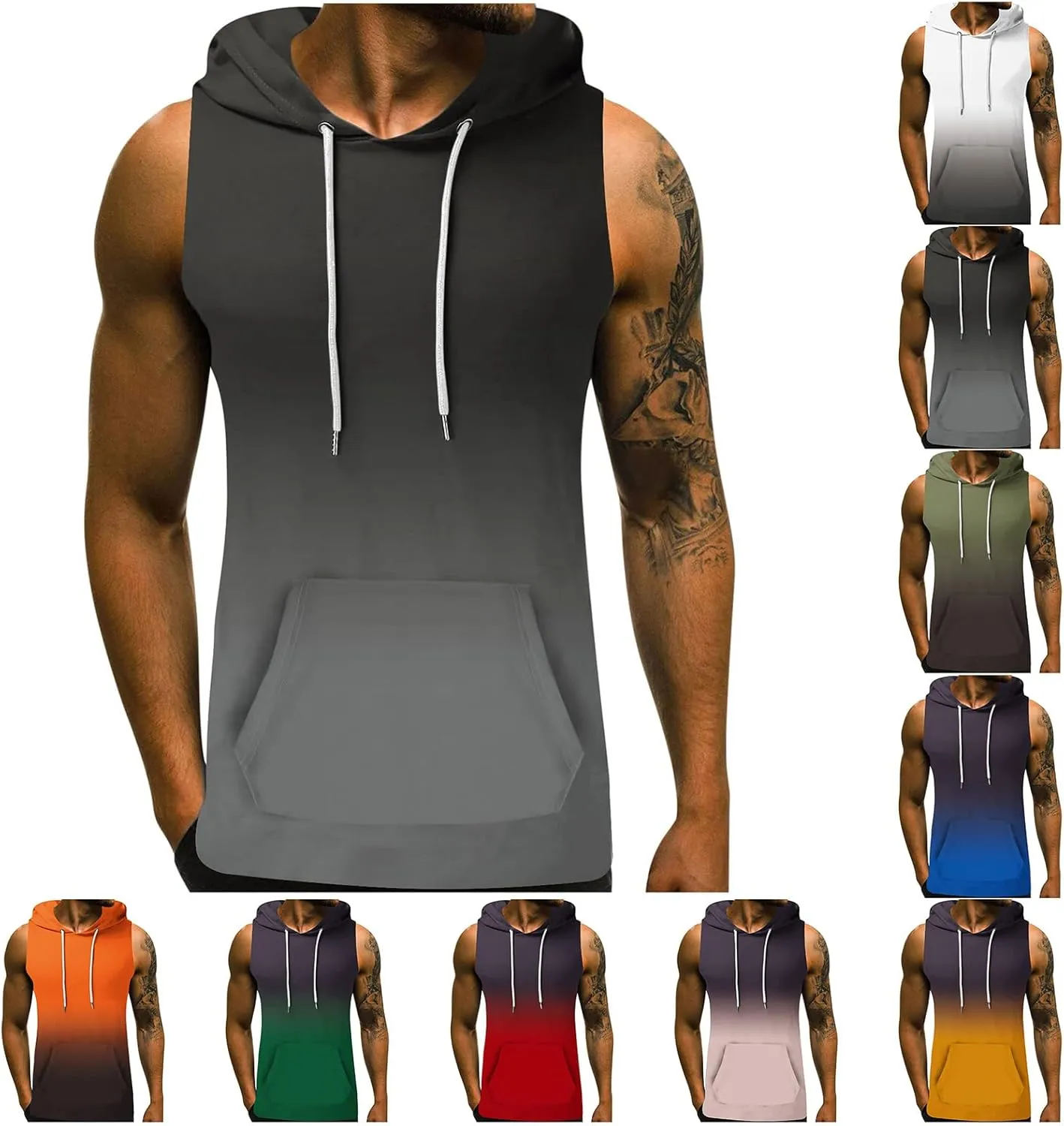 Men's Workout Vest T-Shirt Hooded Tank Tops Sleeveless Gym Hoodies Muscle Shirts Printed T-Shirts with Pocket
