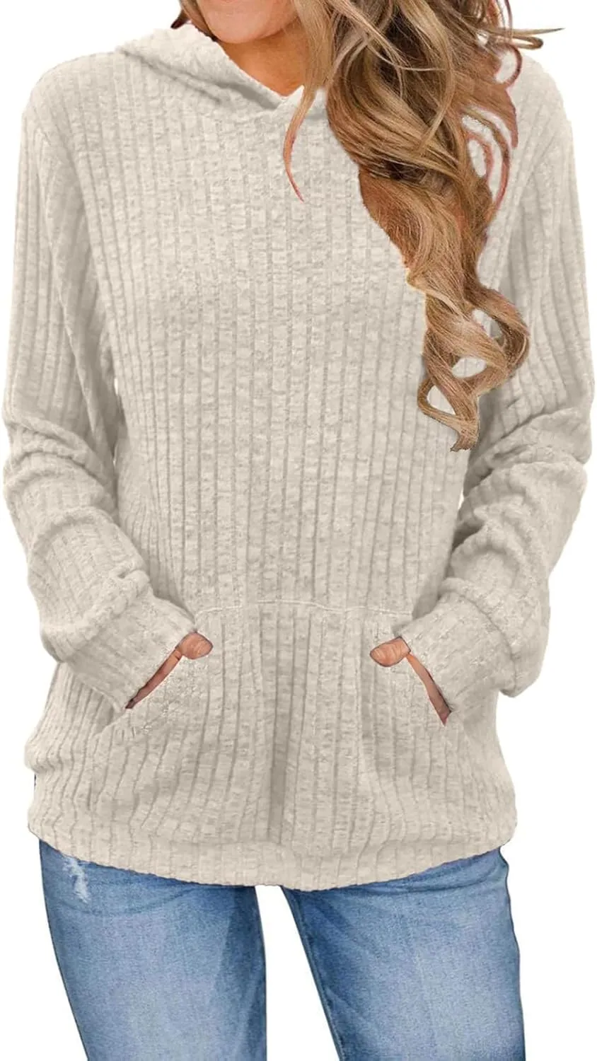 Mmoneyake Fall Hoodies for Women with Kangaroo Pocket Knit Long Sleeve Shirts Loose Fit Casual Pullover Sweatshirts Tops 2024