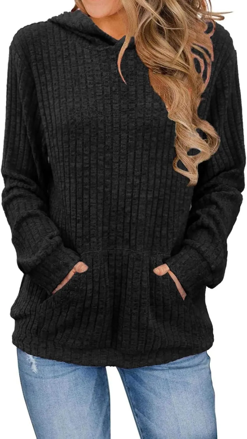 Mmoneyake Fall Hoodies for Women with Kangaroo Pocket Knit Long Sleeve Shirts Loose Fit Casual Pullover Sweatshirts Tops 2024