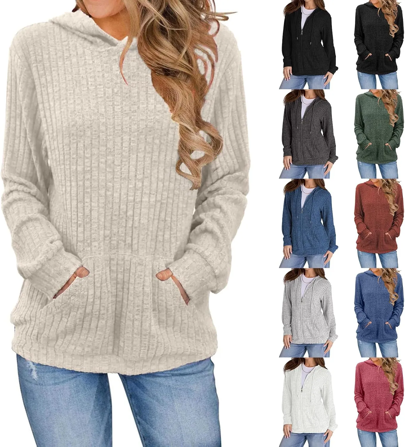 Mmoneyake Fall Hoodies for Women with Kangaroo Pocket Knit Long Sleeve Shirts Loose Fit Casual Pullover Sweatshirts Tops 2024
