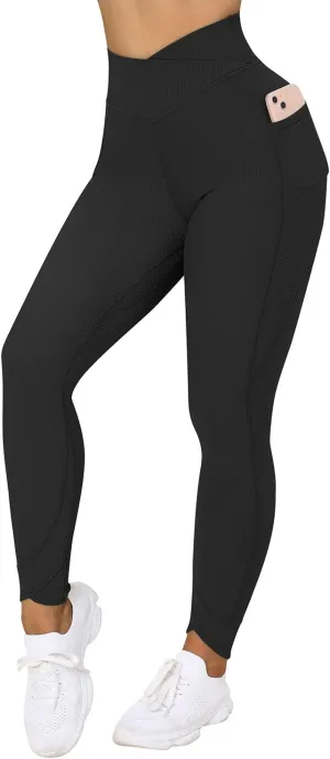 MOOSLOVER Women V Cross Waist Butt Lifting Leggings with Pockets High Waisted Yoga Pants