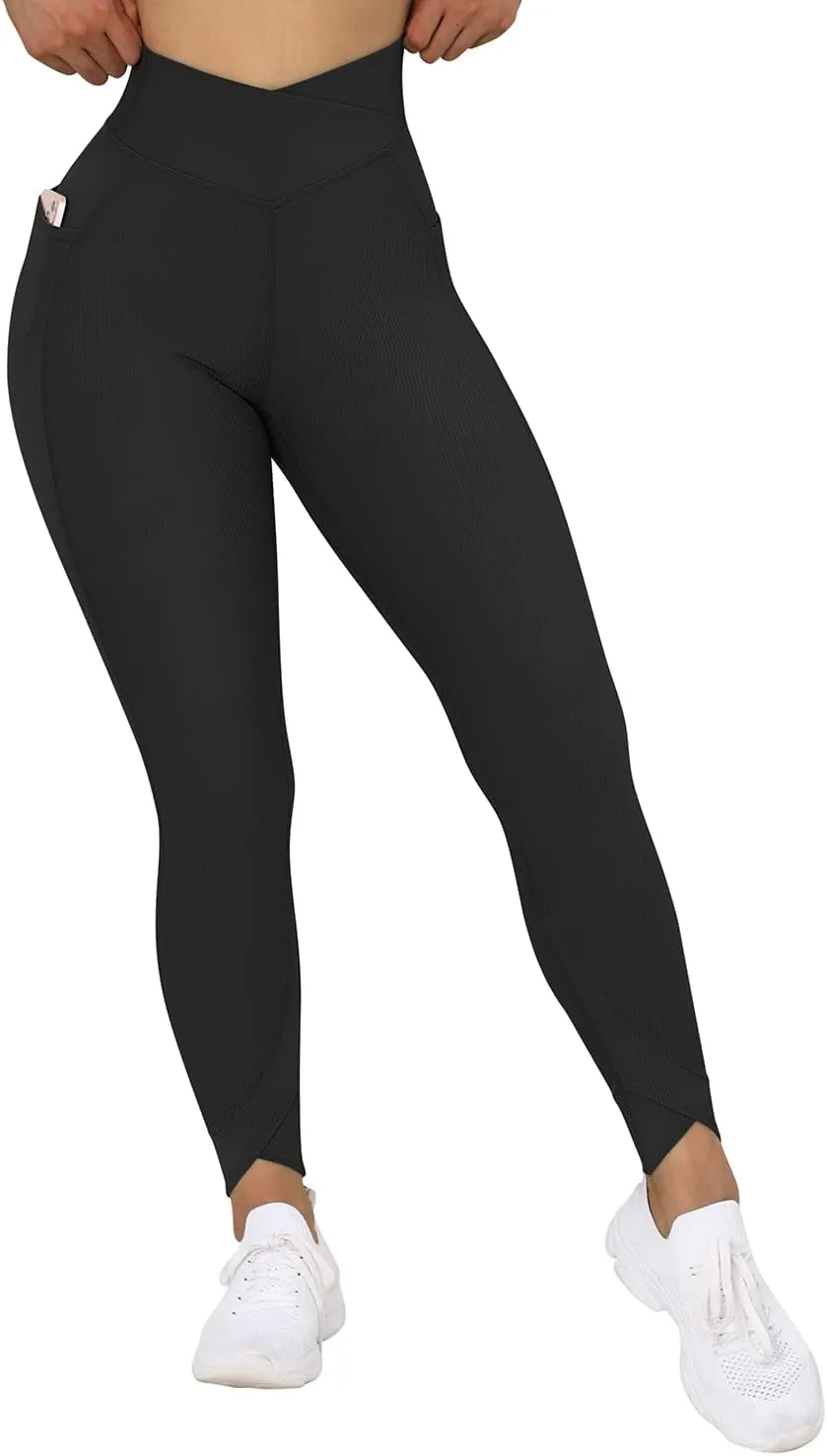 MOOSLOVER Women V Cross Waist Butt Lifting Leggings with Pockets High Waisted Yoga Pants
