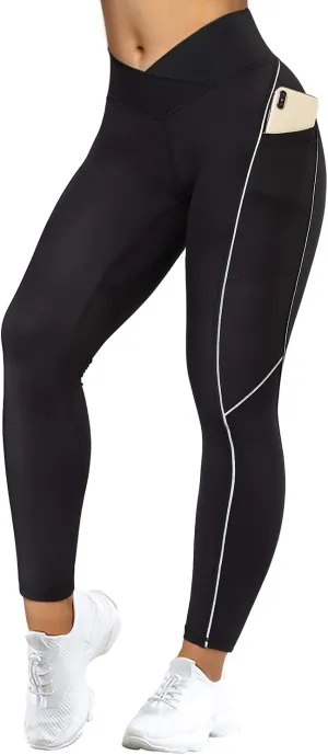 MOOSLOVER Women V Cross Waist Butt Lifting Leggings with Pockets High Waisted Yoga Pants