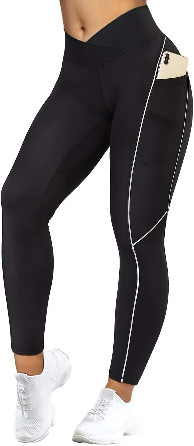 MOOSLOVER Women V Cross Waist Butt Lifting Leggings with Pockets High Waisted Yoga Pants