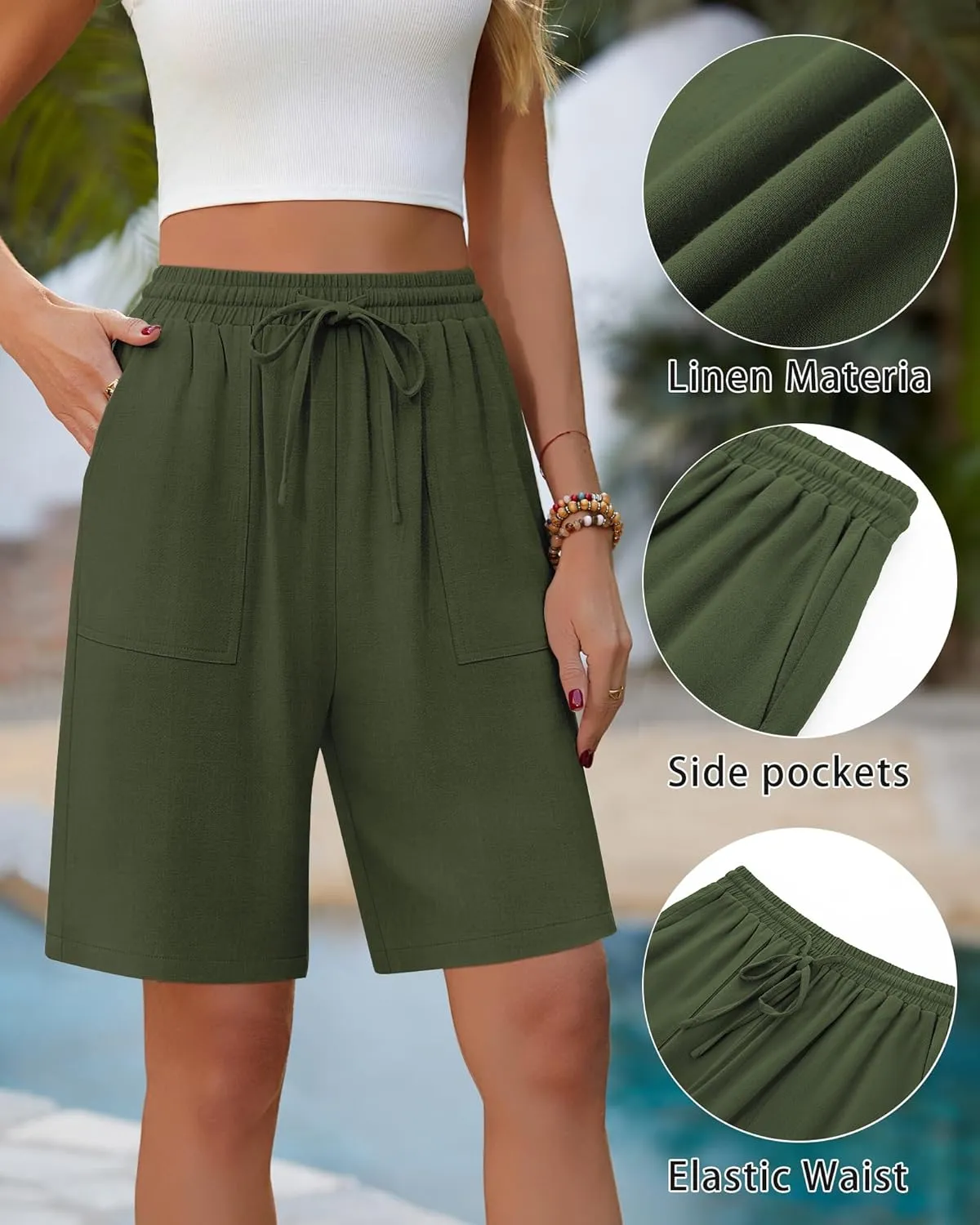 Neer 2 Pack Women's Linen Bermuda Shorts High Waisted Drawstring Wide Leg Casual Beach Knee Length Shorts with Pockets