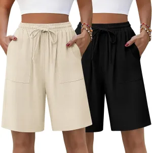 Neer 2 Pack Women's Linen Bermuda Shorts High Waisted Drawstring Wide Leg Casual Beach Knee Length Shorts with Pockets