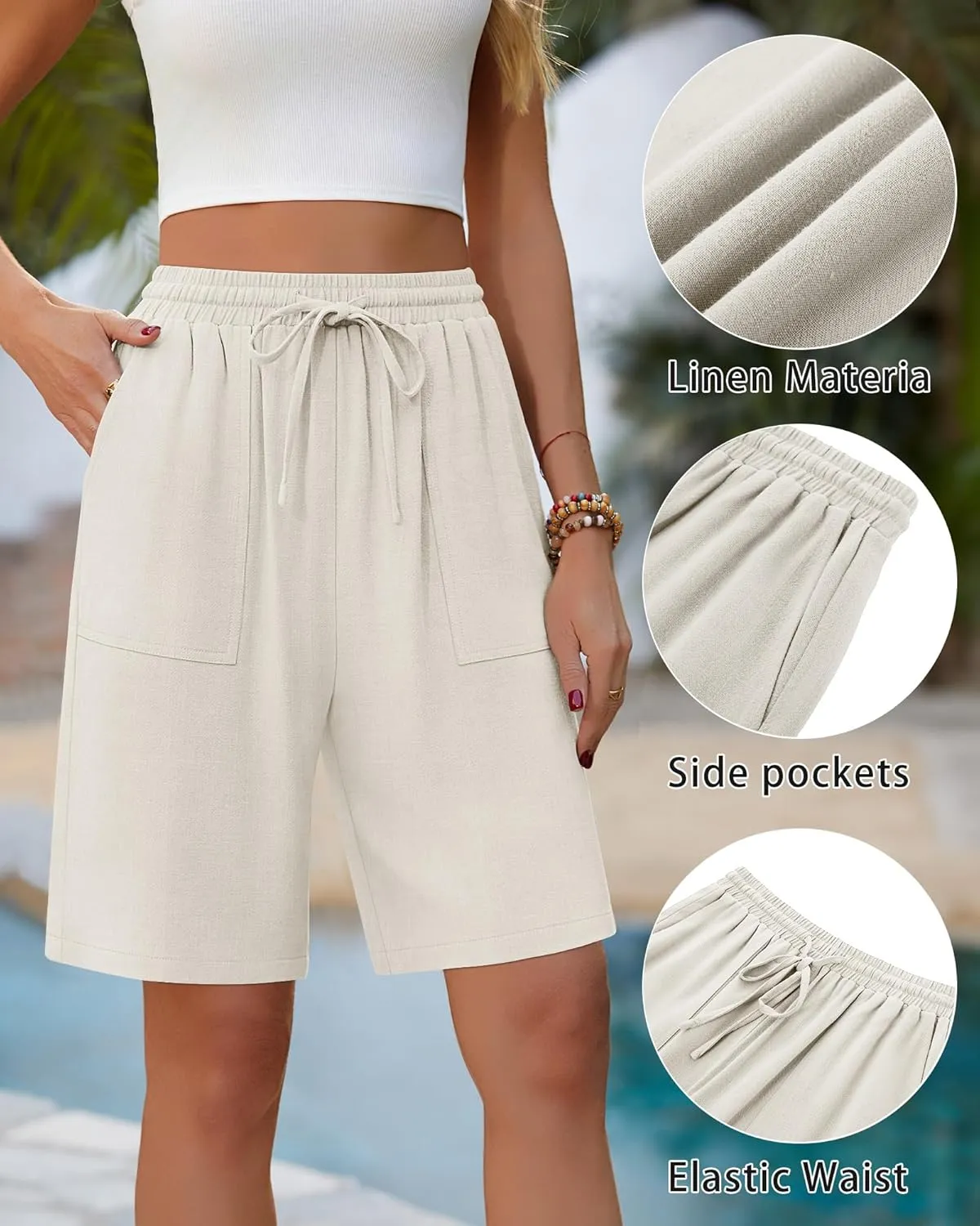 Neer 2 Pack Women's Linen Bermuda Shorts High Waisted Drawstring Wide Leg Casual Beach Knee Length Shorts with Pockets