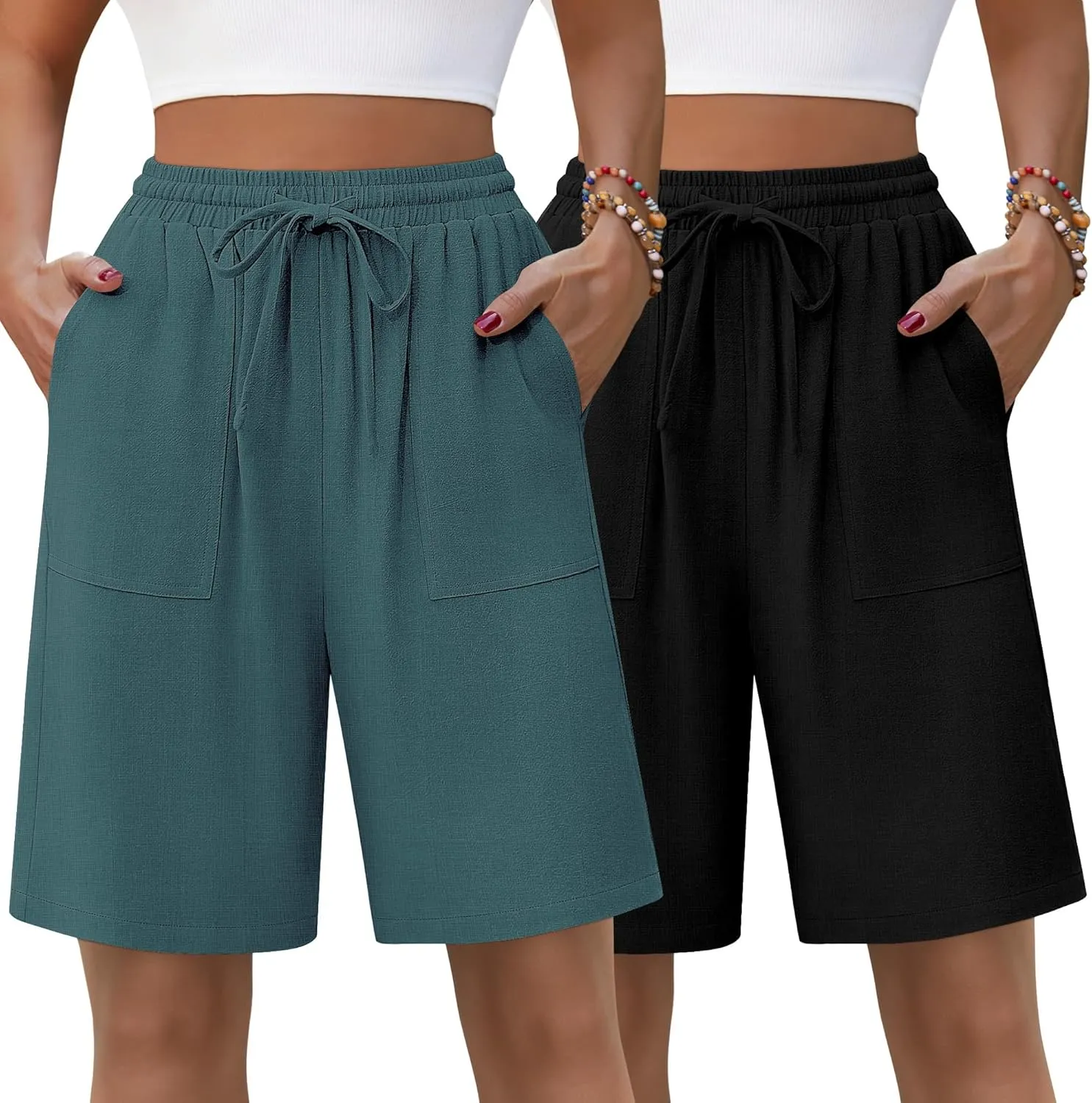 Neer 2 Pack Women's Linen Bermuda Shorts High Waisted Drawstring Wide Leg Casual Beach Knee Length Shorts with Pockets