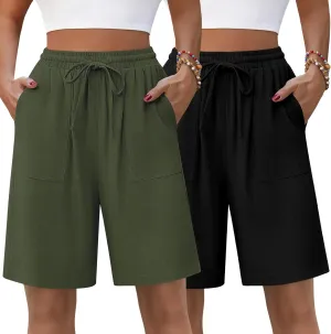Neer 2 Pack Women's Linen Bermuda Shorts High Waisted Drawstring Wide Leg Casual Beach Knee Length Shorts with Pockets