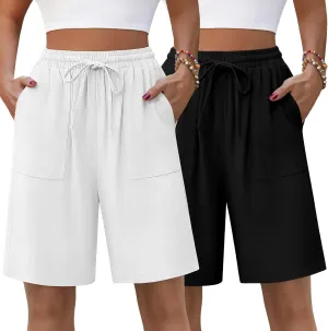 Neer 2 Pack Women's Linen Bermuda Shorts High Waisted Drawstring Wide Leg Casual Beach Knee Length Shorts with Pockets