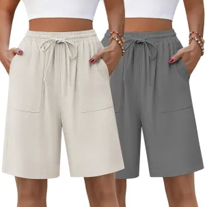 Neer 2 Pack Women's Linen Bermuda Shorts High Waisted Drawstring Wide Leg Casual Beach Knee Length Shorts with Pockets