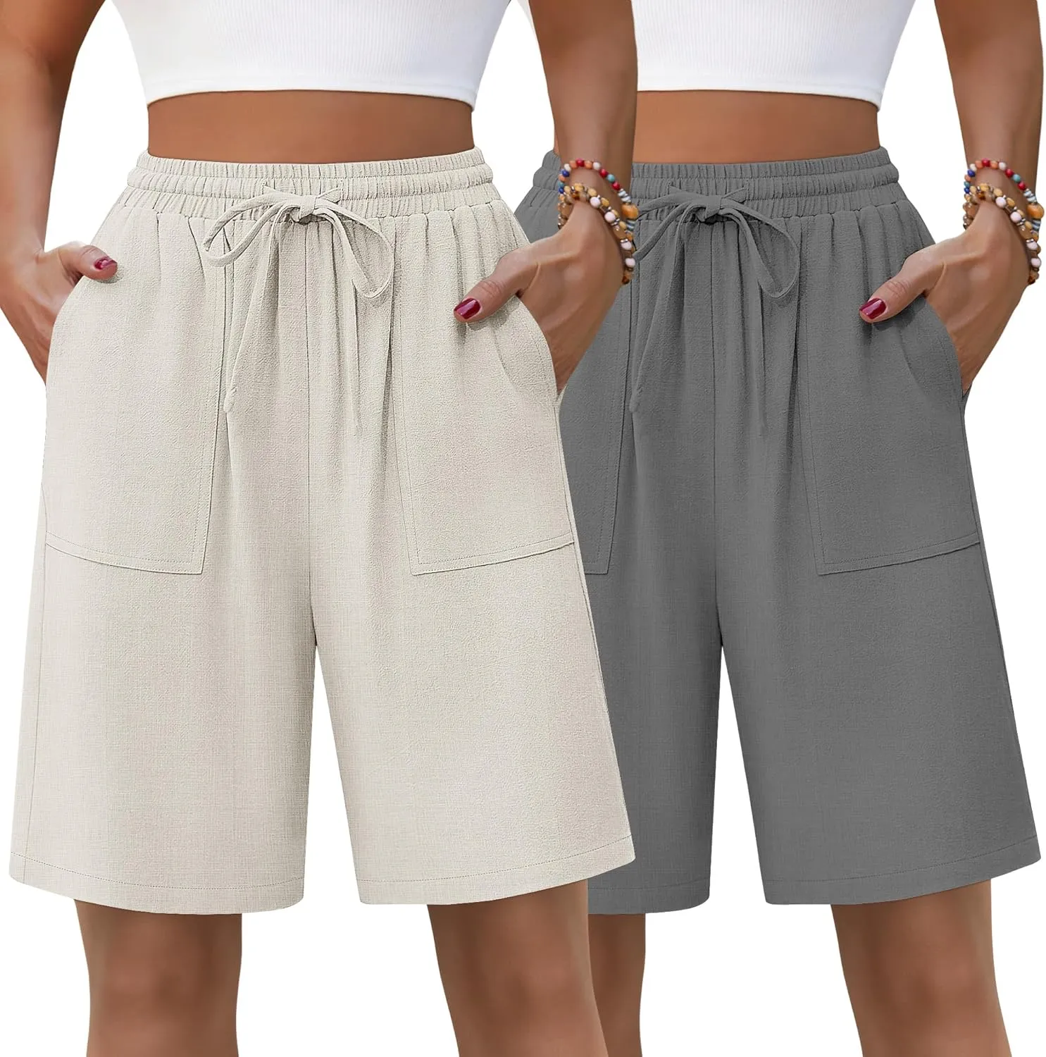 Neer 2 Pack Women's Linen Bermuda Shorts High Waisted Drawstring Wide Leg Casual Beach Knee Length Shorts with Pockets
